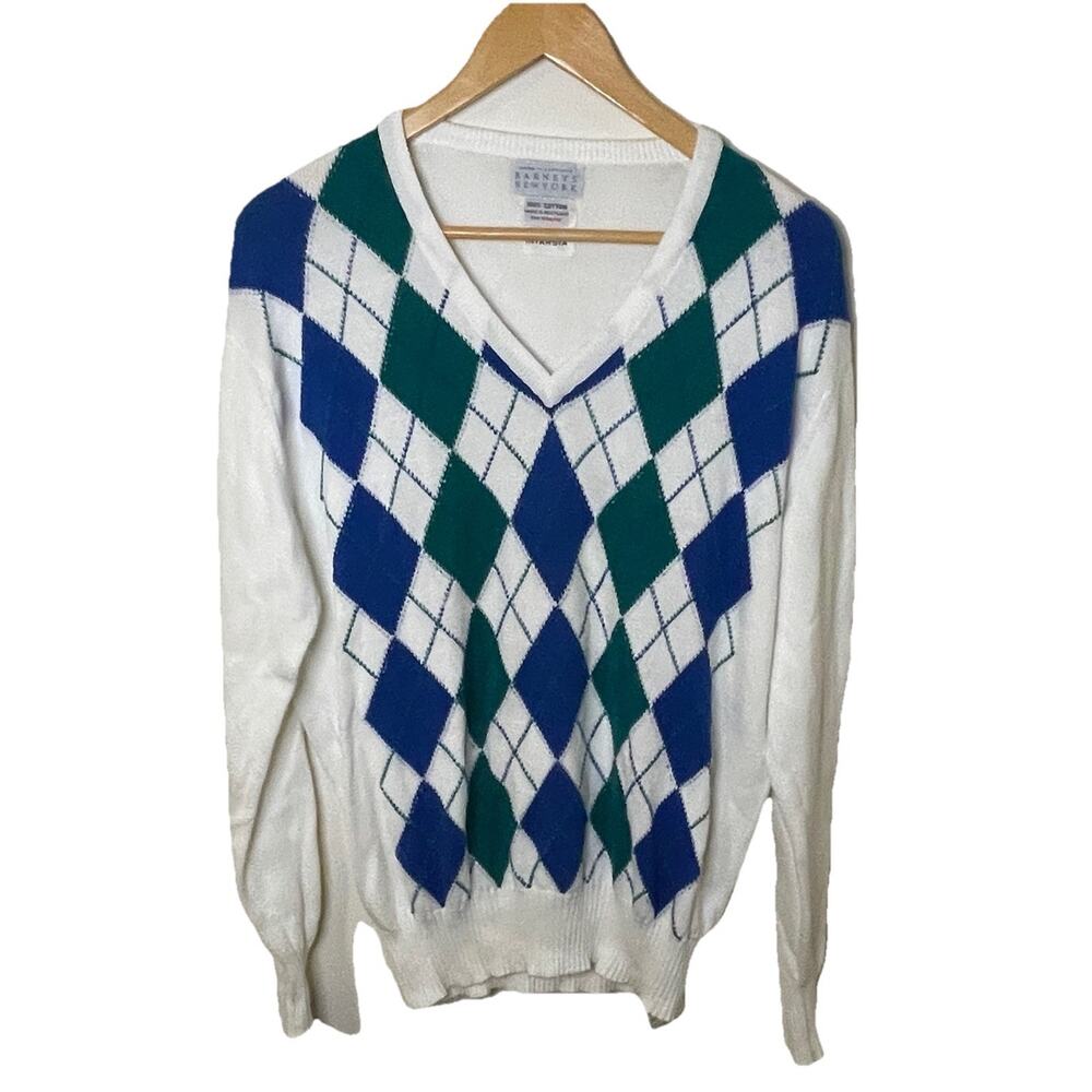 VTG Barneys New York Mens Argyle Cotton V-Neck Sweater Scotland Golf Sz 42